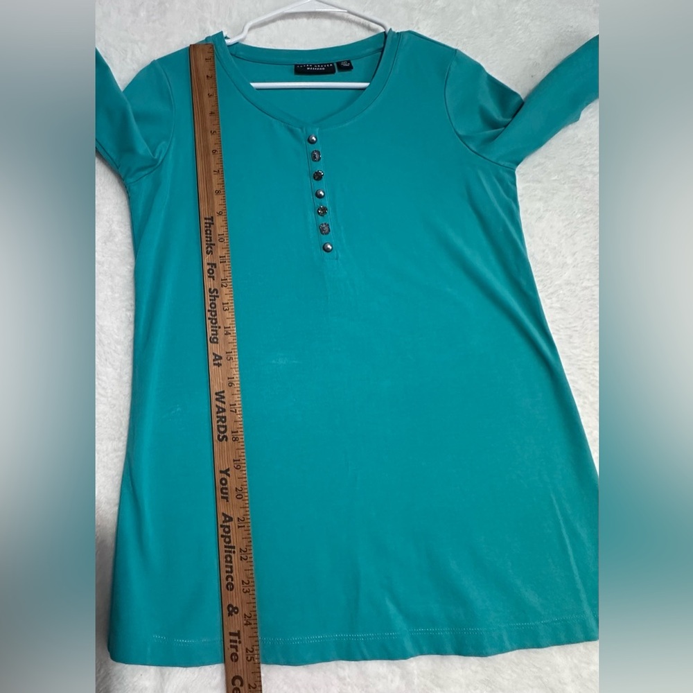 Susan Graver Brand Weekend Teal Henley Top 3/4 Sleeve Rhinestone Buttons XXS - Picture 8 of 8